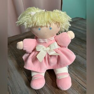 Eden Toys Musical Baby Doll Plush Blonde Yarn Hair Pink Dress Wind Up Vintage